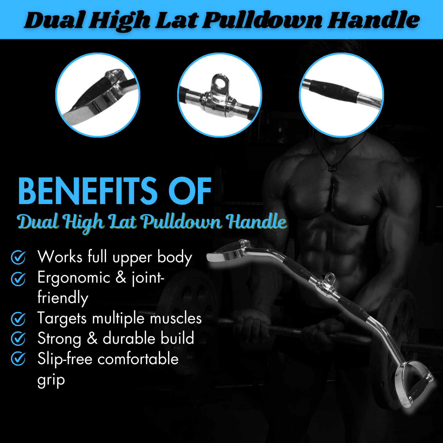 Dual High Lat Pulldown Handle Pulldown Bar | Cable Machine Attachment | Gym Pulley System | Gym Equipment Accessories | Rotating Bar with Rubber Grip | Heavy Duty Strength Training Cable Pulley