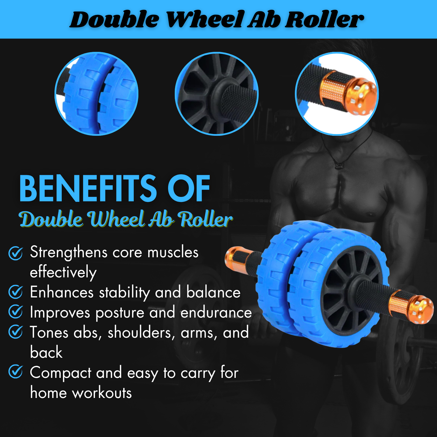 Ab Roller Wheel Dual Wheel | Ab Roller for Men and Women | Abs Exercise Roller for Gym | Ab Wheel with Strong Grip Handles | Ab Roller with Steel Rod | Workout Equipment for Home Gym (Blue)