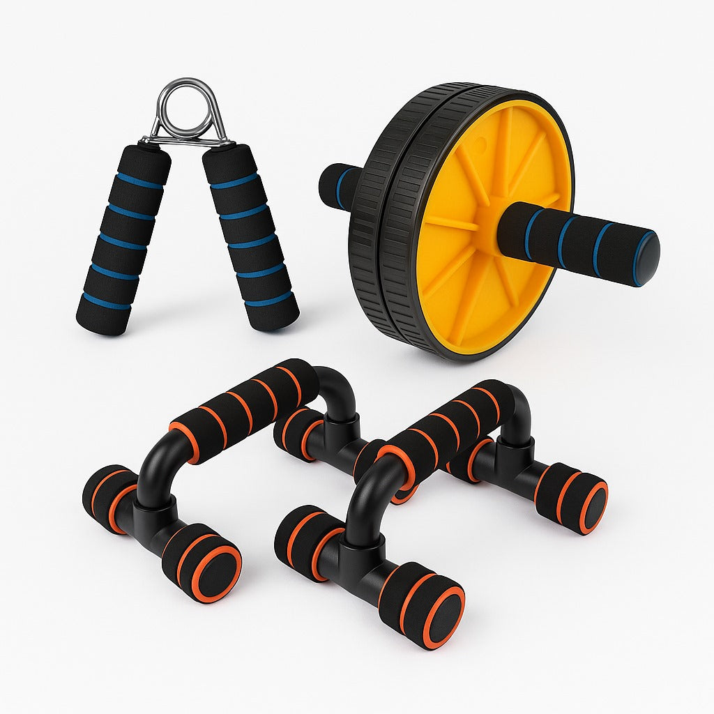 Home Workout Equipment Fitness Combo Set – Push-Up Stand with Ab Roller & Hand Gripper | Bodyweight Training Kit | Home Gym Set with Ab Wheel and Push-Up Bars for Full Body Training