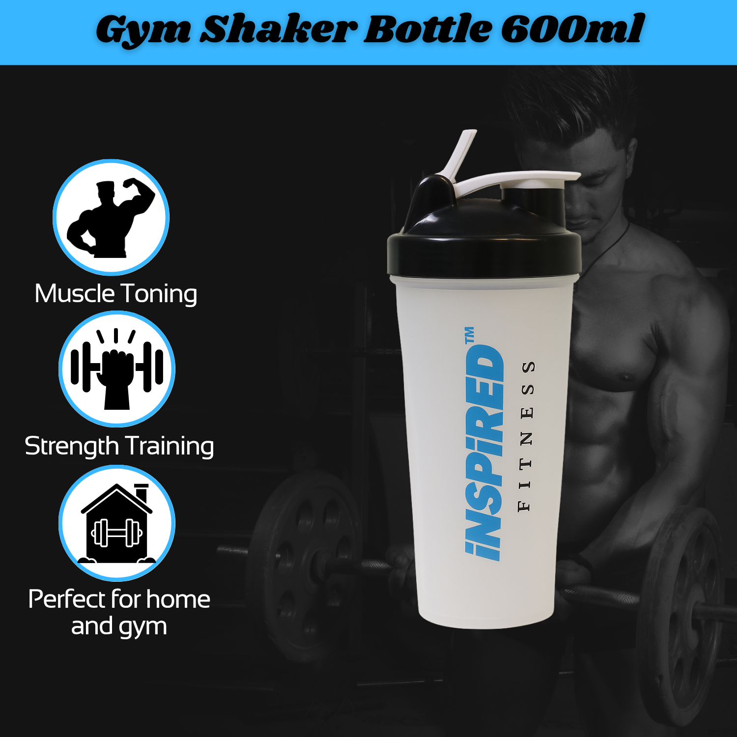 Gym Shaker Bottle 600ml – BPA Free Shaker Bottle for Gym – Gym Shaker Cup with Mixing Ball – Sports Shaker Bottle – Gym Shaker Bottle with Storage – Plastic for Gym (White)