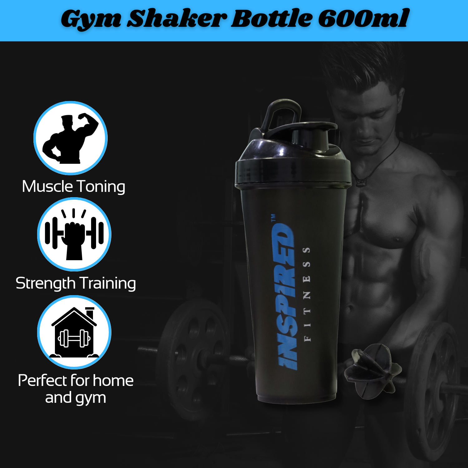 Gym Shaker Bottle 600ml – BPA Free Shaker Bottle for Gym – Shaker Cup with Mixing Ball – Sports Shaker Bottle – Gym with Storage – Plastic Bottle for Gym (Black)