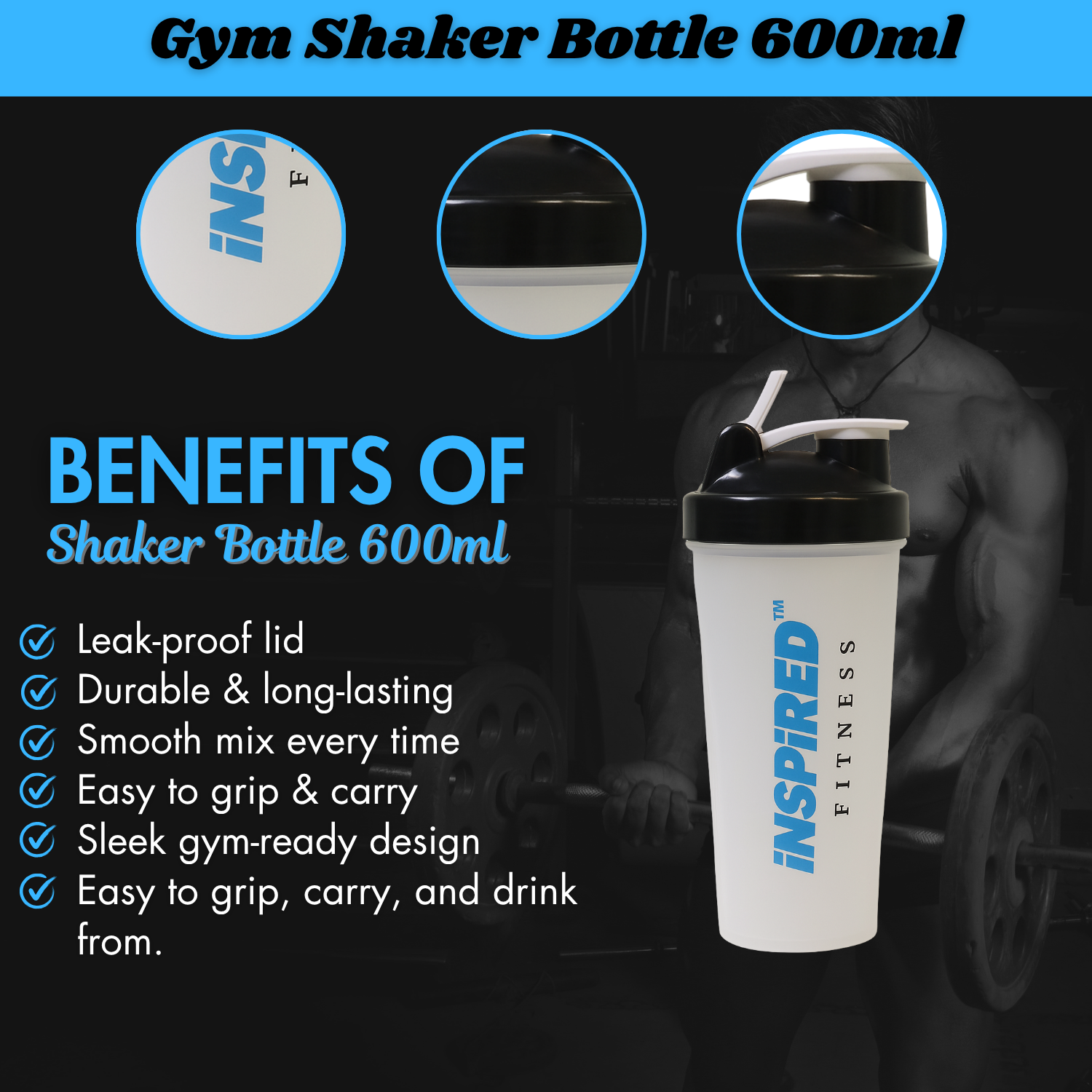 Gym Shaker Bottle 600ml – BPA Free Shaker Bottle for Gym – Gym Shaker Cup with Mixing Ball – Sports Shaker Bottle – Gym Shaker Bottle with Storage – Plastic for Gym (White)