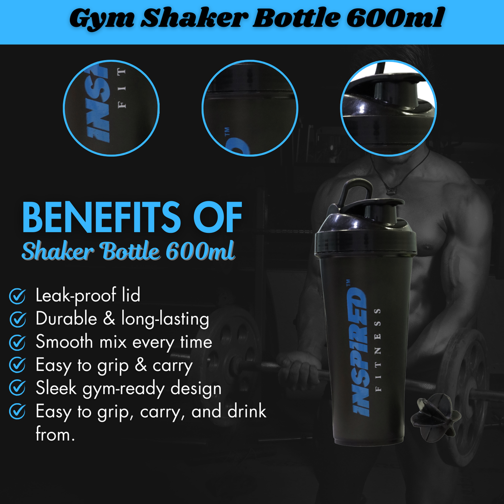 Gym Shaker Bottle 600ml – BPA Free Shaker Bottle for Gym – Shaker Cup with Mixing Ball – Sports Shaker Bottle – Gym with Storage – Plastic Bottle for Gym (Black)