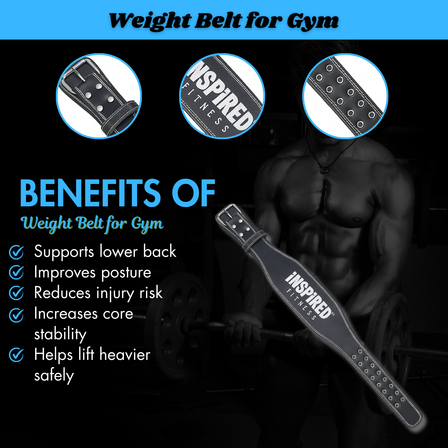 INSPIRED FITNESS Weightlifting Belt Leather Lifting Gym Belt for Men | Weight Belt for Gym Workout | Inspired Fitness Weightlifting - Premium Leather Lifting for Men | Weight for Workout