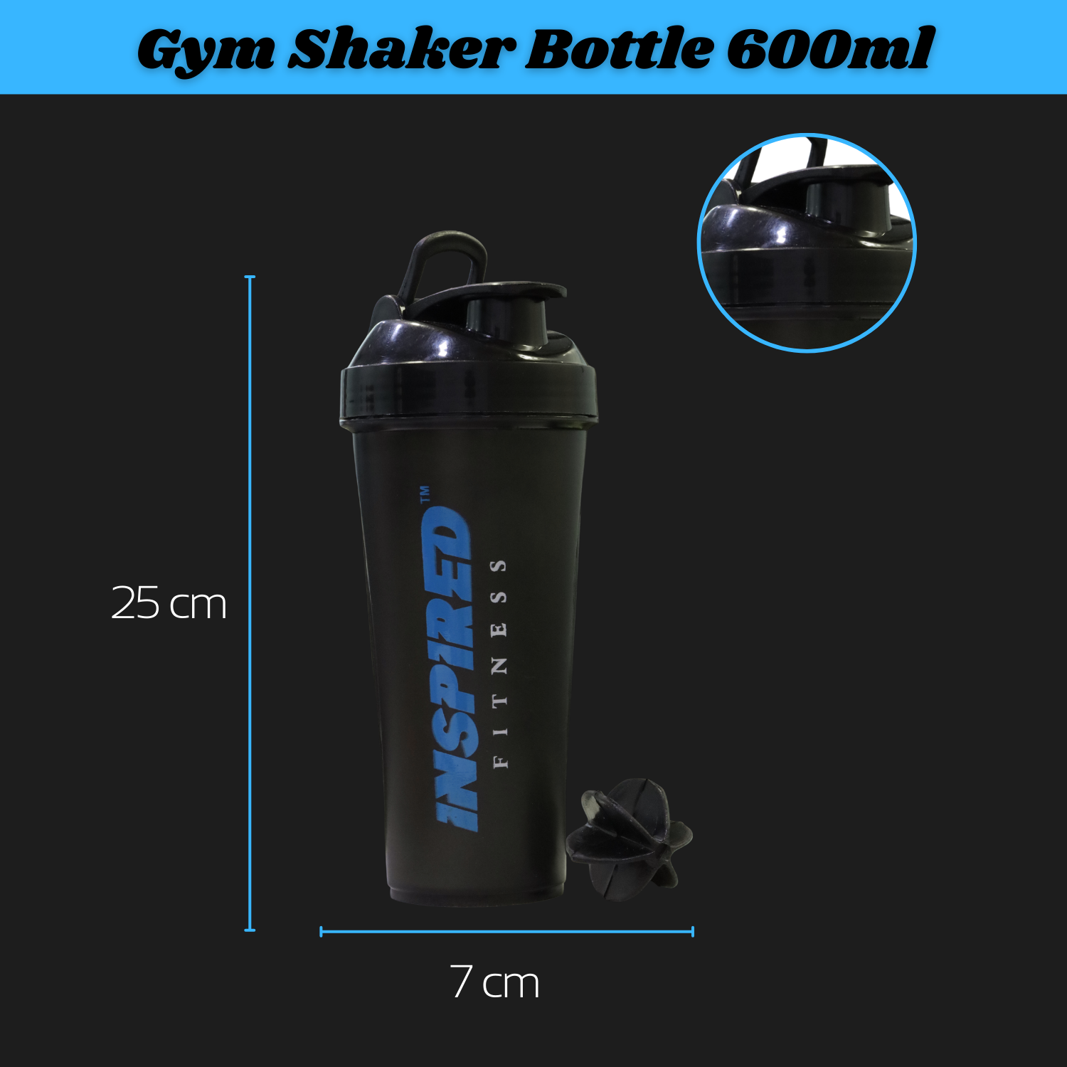 Gym Shaker Bottle 600ml – BPA Free Shaker Bottle for Gym – Shaker Cup with Mixing Ball – Sports Shaker Bottle – Gym with Storage – Plastic Bottle for Gym (Black)