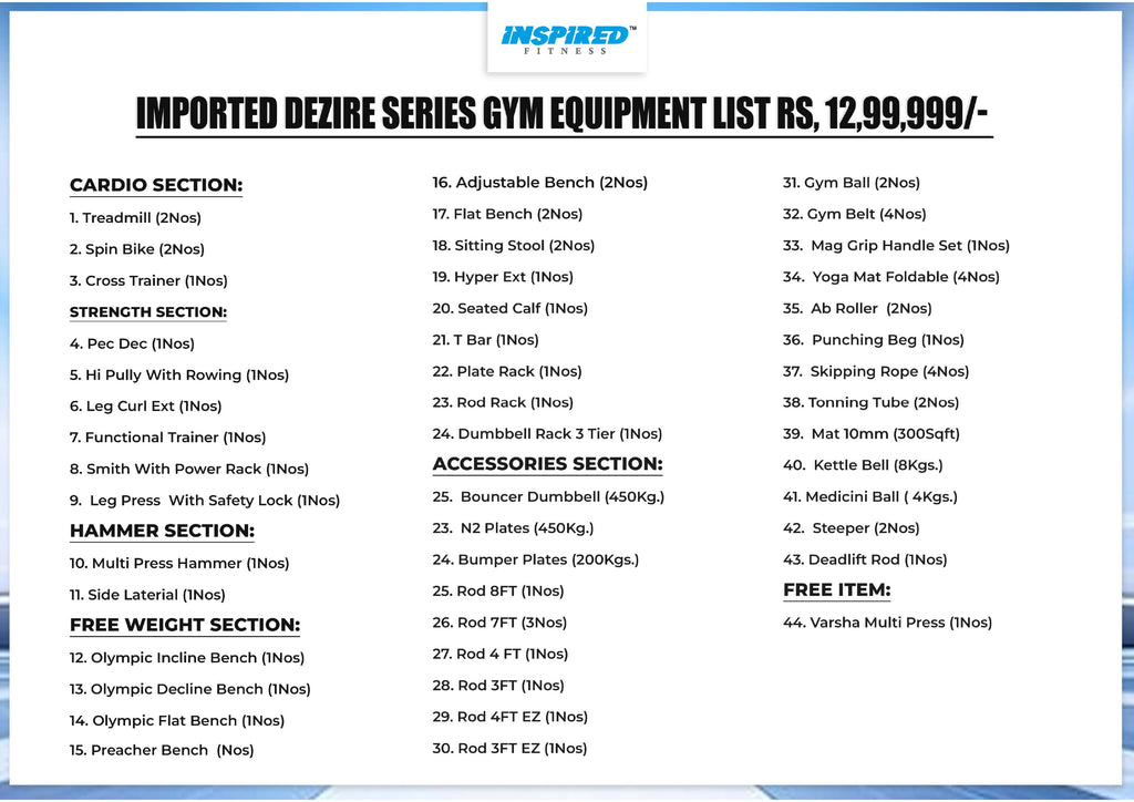 INSPIRED FITNESS FULL IMPORTANT GYM SETUP DEZIRE SERIES RS.12,49,999/-