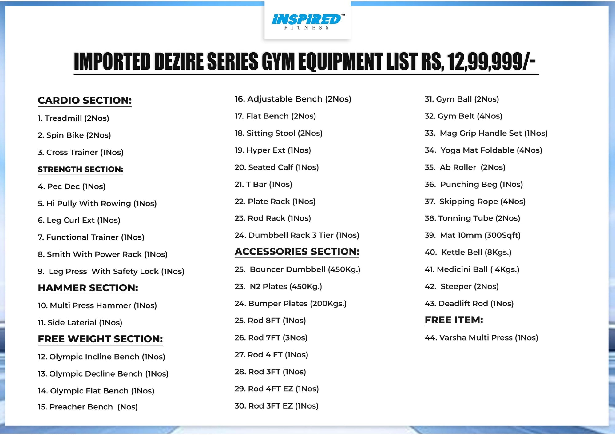 INSPIRED FITNESS FULL IMPORTANT GYM SETUP DEZIRE SERIES RS.12,49,999/-
