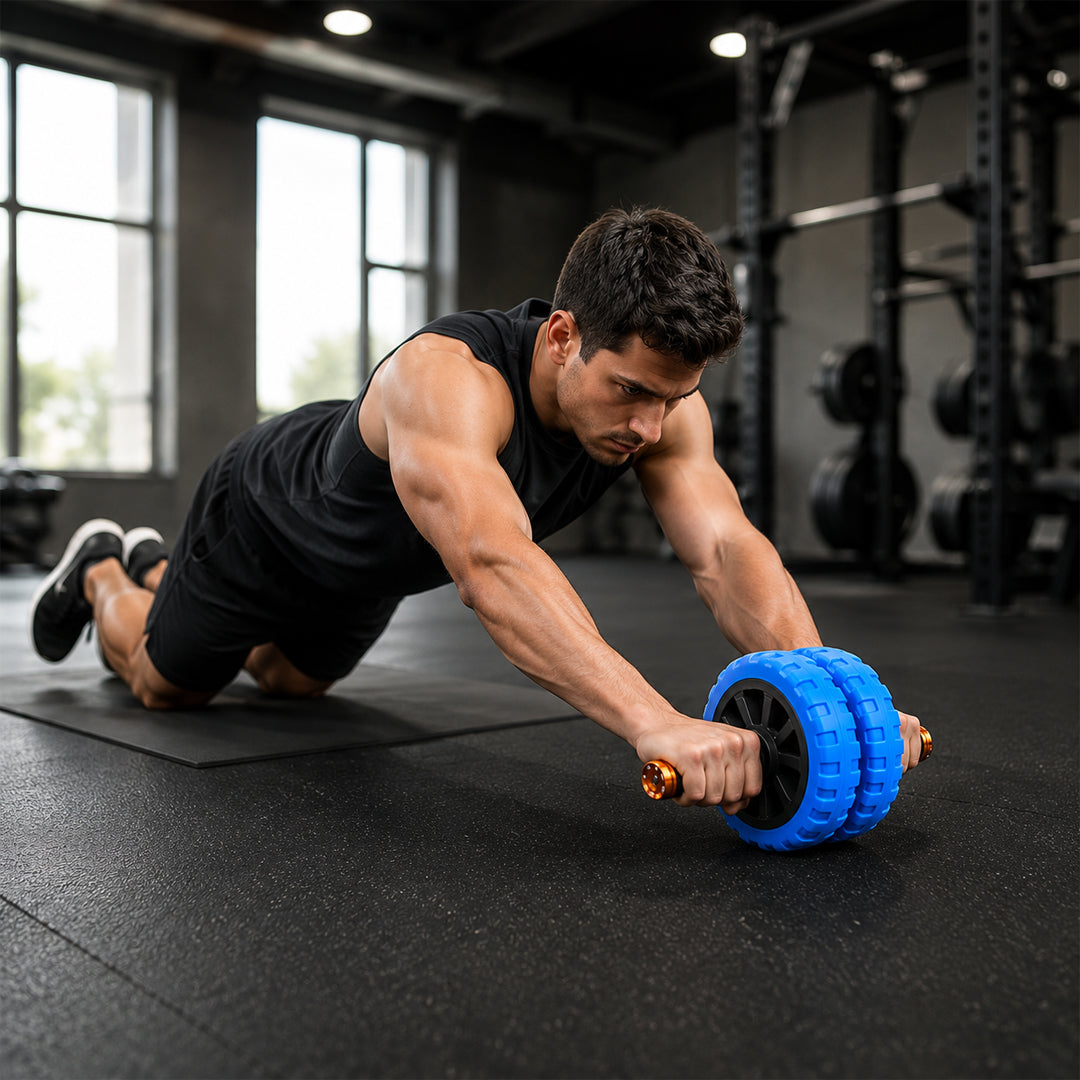 Ab Roller Wheel Dual Wheel | Ab Roller for Men and Women | Abs Exercise Roller for Gym | Ab Wheel with Strong Grip Handles | Ab Roller with Steel Rod | Workout Equipment for Home Gym (Blue)
