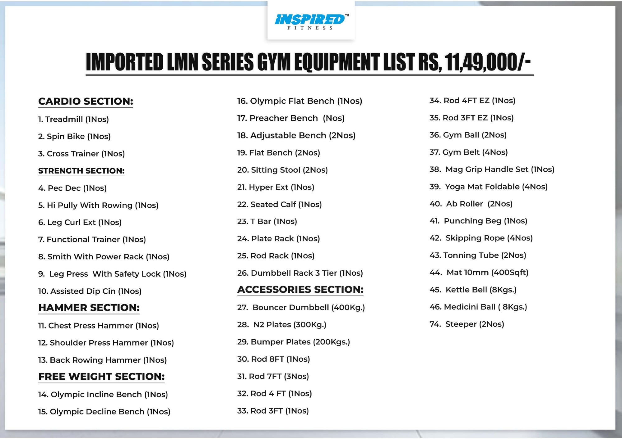 INSPIRED FITNESS COMMERCIAL GYM SETUP LMN SERIES RS. 11,49,999