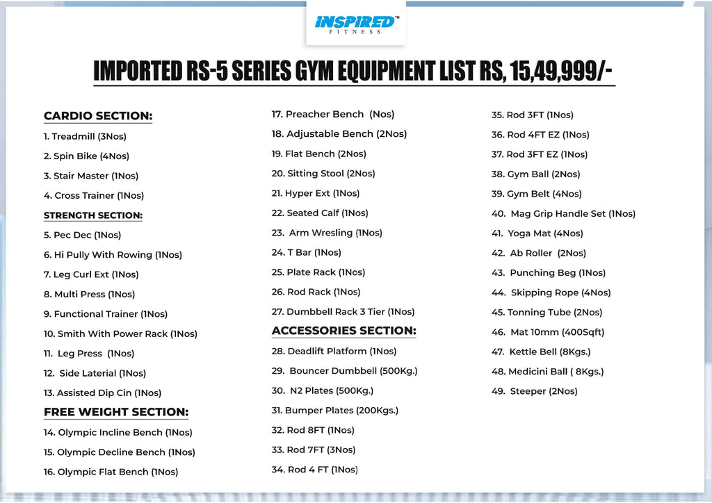 INSPIRED FITNESS FULL IMPORTED COMMERCIAL GYM SETUP RS 5 SERIES RS. 15,49,999/-