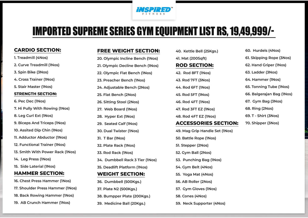 INSPIRED FITNESS FULL IMPORTANT GYM SETUP SUPREME SERIES RS.19,49,999/-