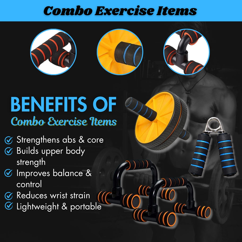 Home Workout Equipment Fitness Combo Set – Push-Up Stand with Ab Roller & Hand Gripper | Bodyweight Training Kit | Home Gym Set with Ab Wheel and Push-Up Bars for Full Body Training