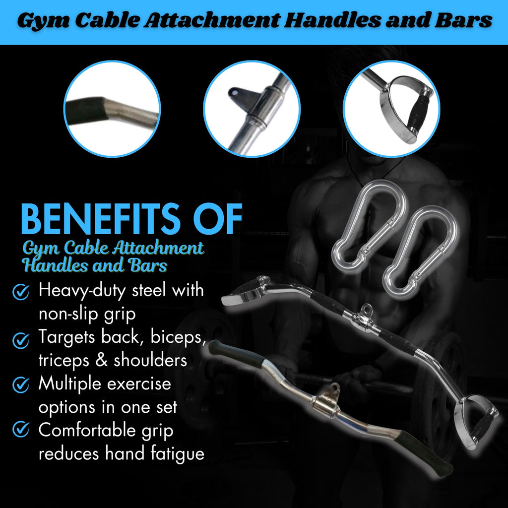 Gym Cable Attachment Combo – Revolving Curl Bar & Multi-Grip Bar with Carabiners