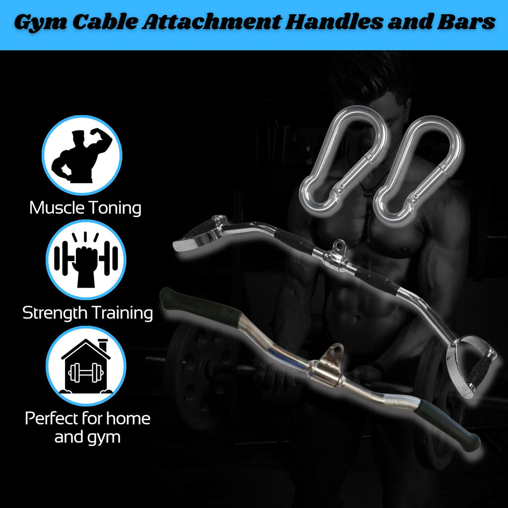 Gym Cable Attachment Combo – Revolving Curl Bar & Multi-Grip Bar with Carabiners