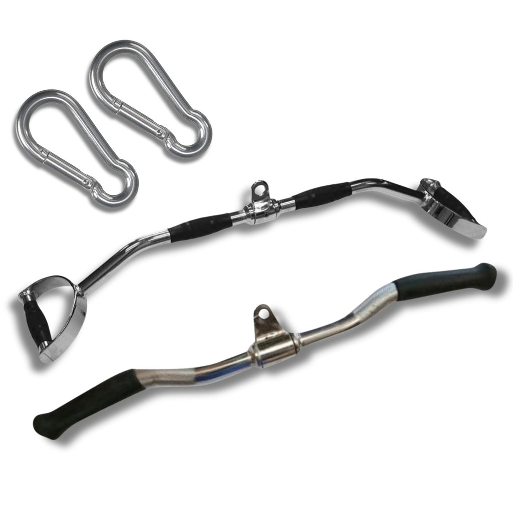 Gym Cable Attachment Combo – Revolving Curl Bar & Multi-Grip Bar with Carabiners