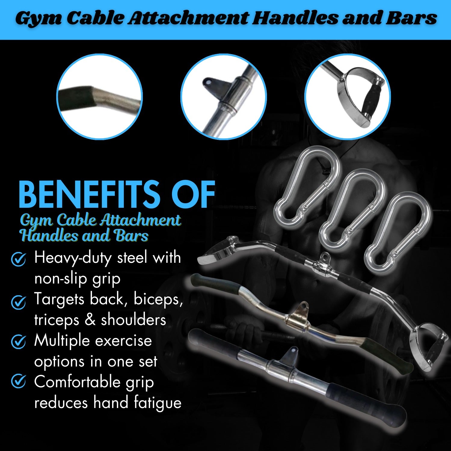 Gym Cable Attachment Combo Set – Premium Steel Bars & Carabiner Hooks